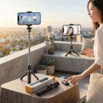 Selfie stick tripod standing on a table holding a phone