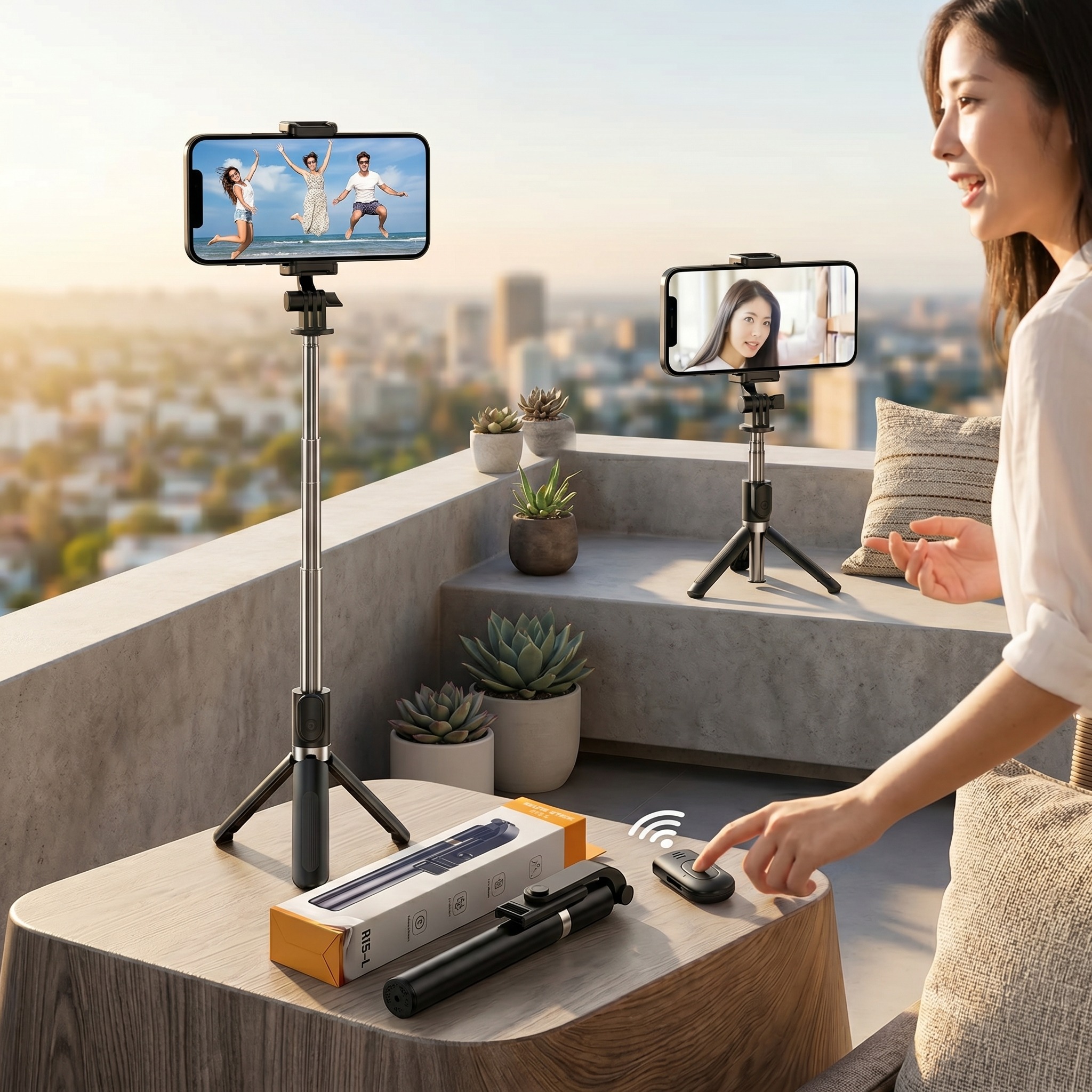 Selfie stick tripod standing on a table holding a phone