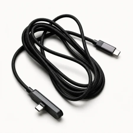 240w usb c cable coiled showing braided design and foldable phone stand connector