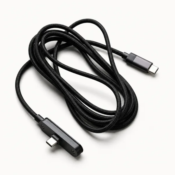 240w usb c cable coiled showing braided design and foldable phone stand connector