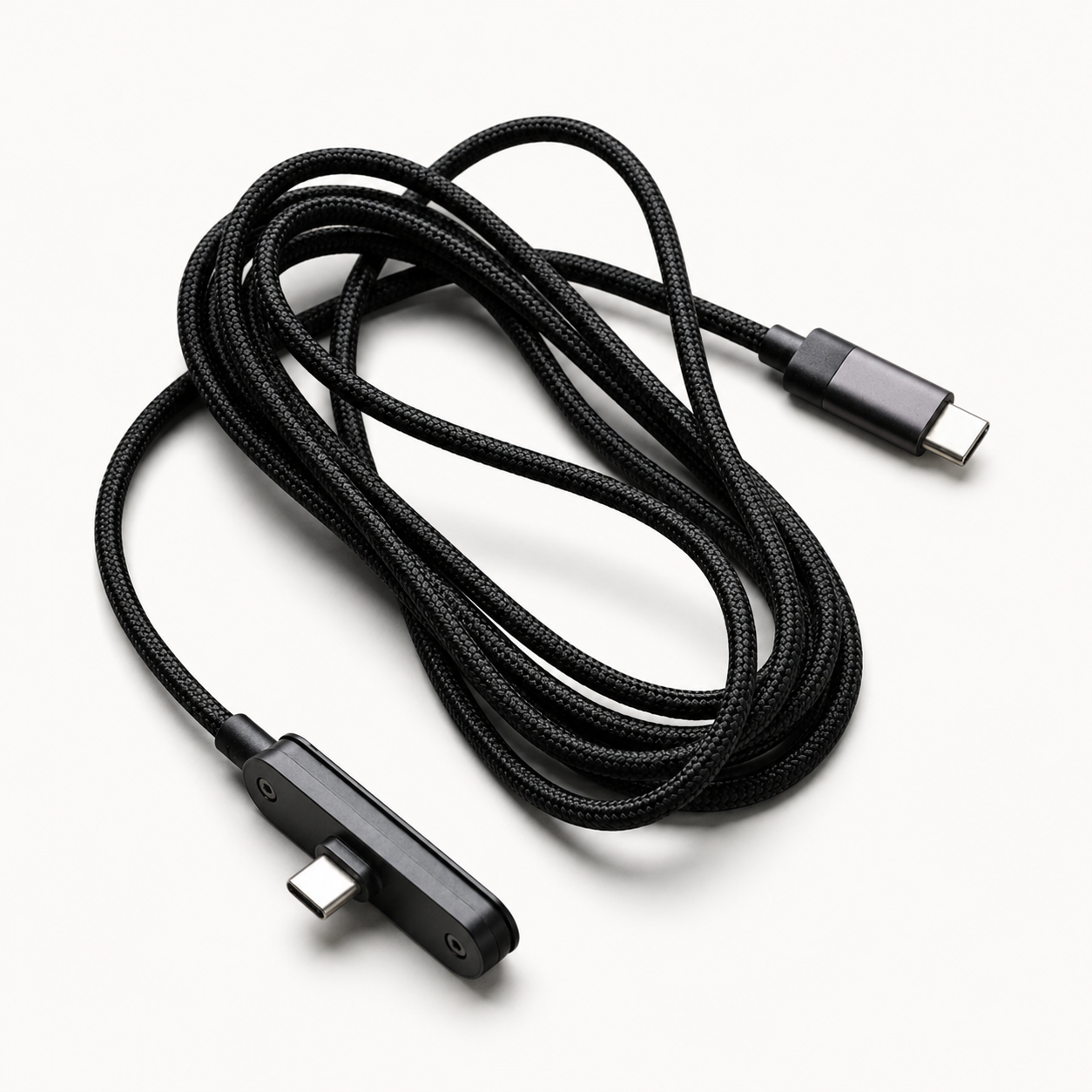 240w usb c cable coiled showing braided design and foldable phone stand connector