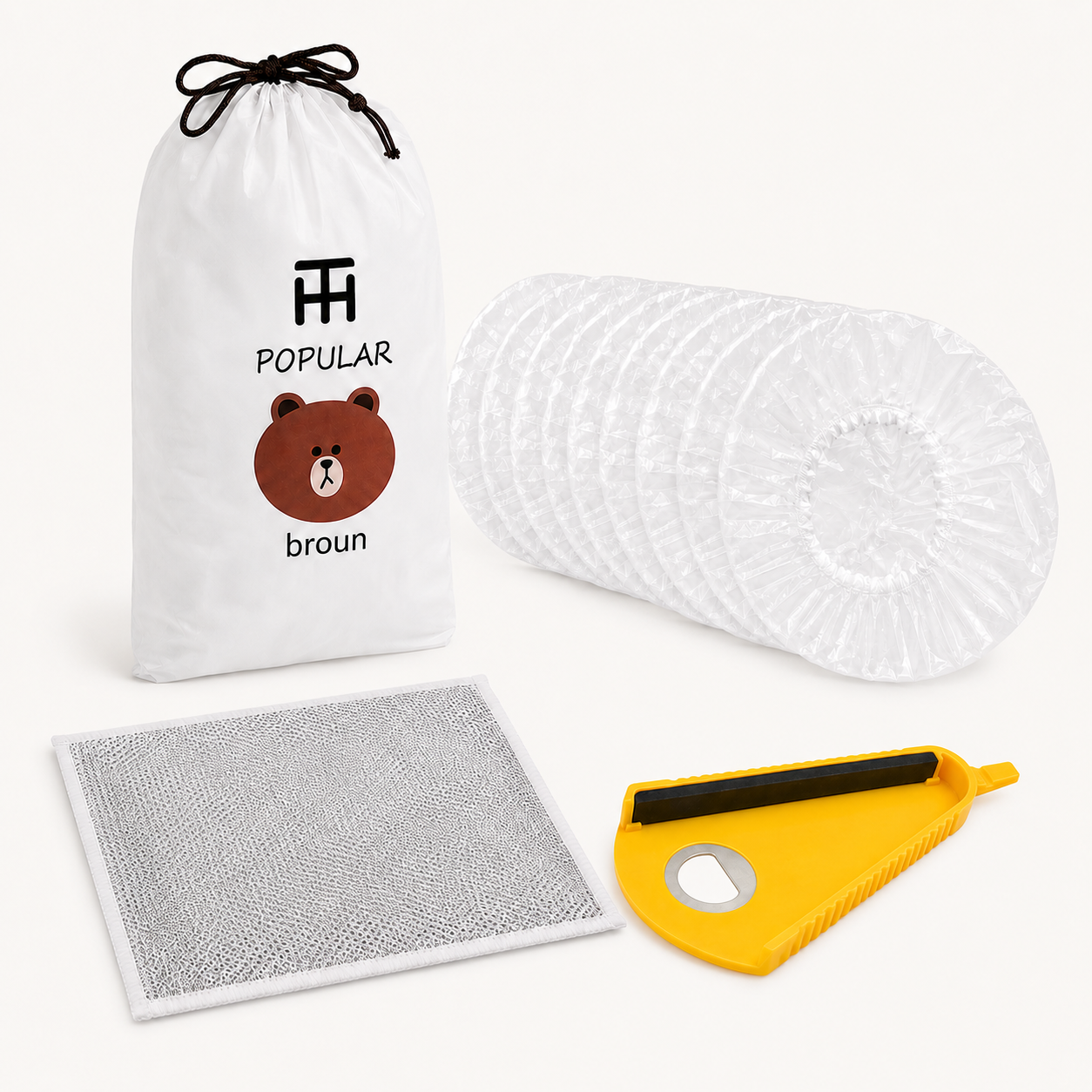 3 in 1 kitchen combo pack with jar opener, food covers and dishwashing rug