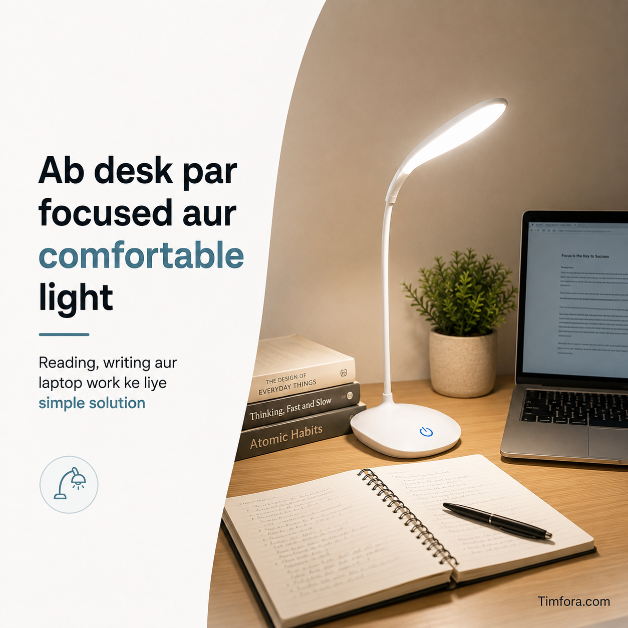 LED desk lamp glowing on a study table at night
