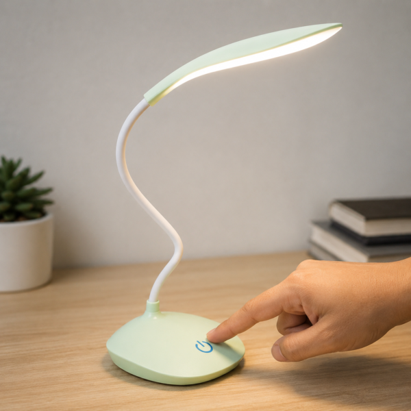 LED desk lamp neck bent to direct light onto a desk