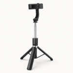 Selfie stick tripod folded with Bluetooth remote attached