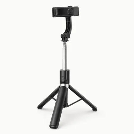 Selfie stick tripod folded with Bluetooth remote attached