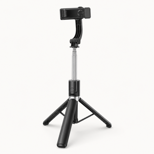 Selfie stick tripod folded with Bluetooth remote attached