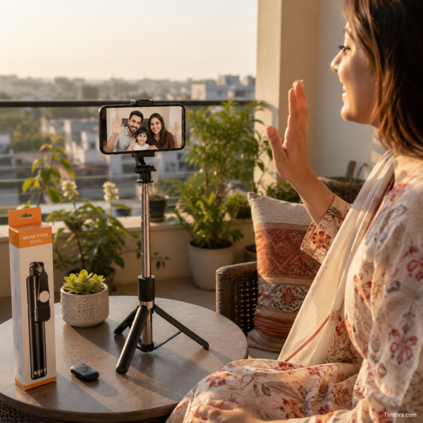 Selfie stick tripod with phone clamp open for a smartphone