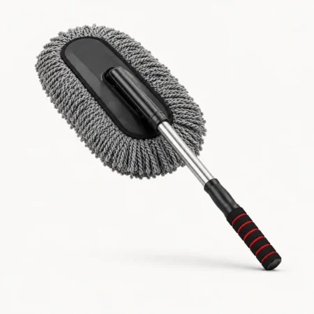 Microfiber car duster cleaning the hood of a car