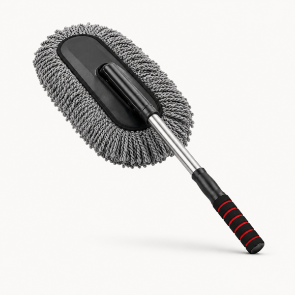 Microfiber car duster cleaning the hood of a car