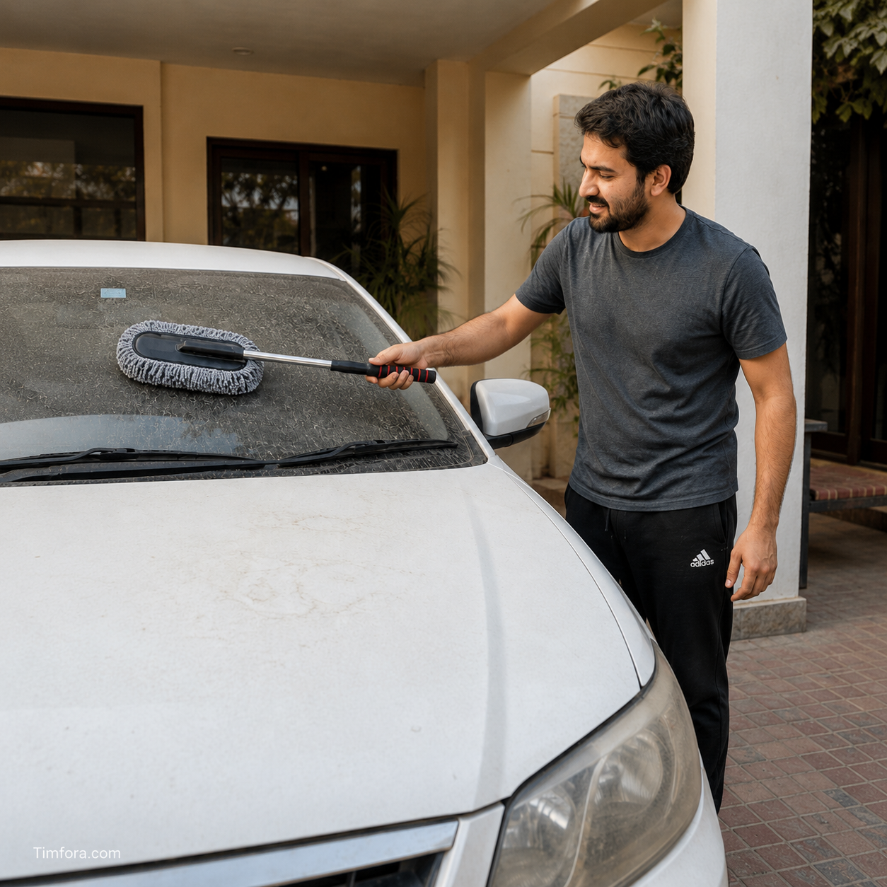 Microfiber car duster reaching the car windshield with its telescoping handle