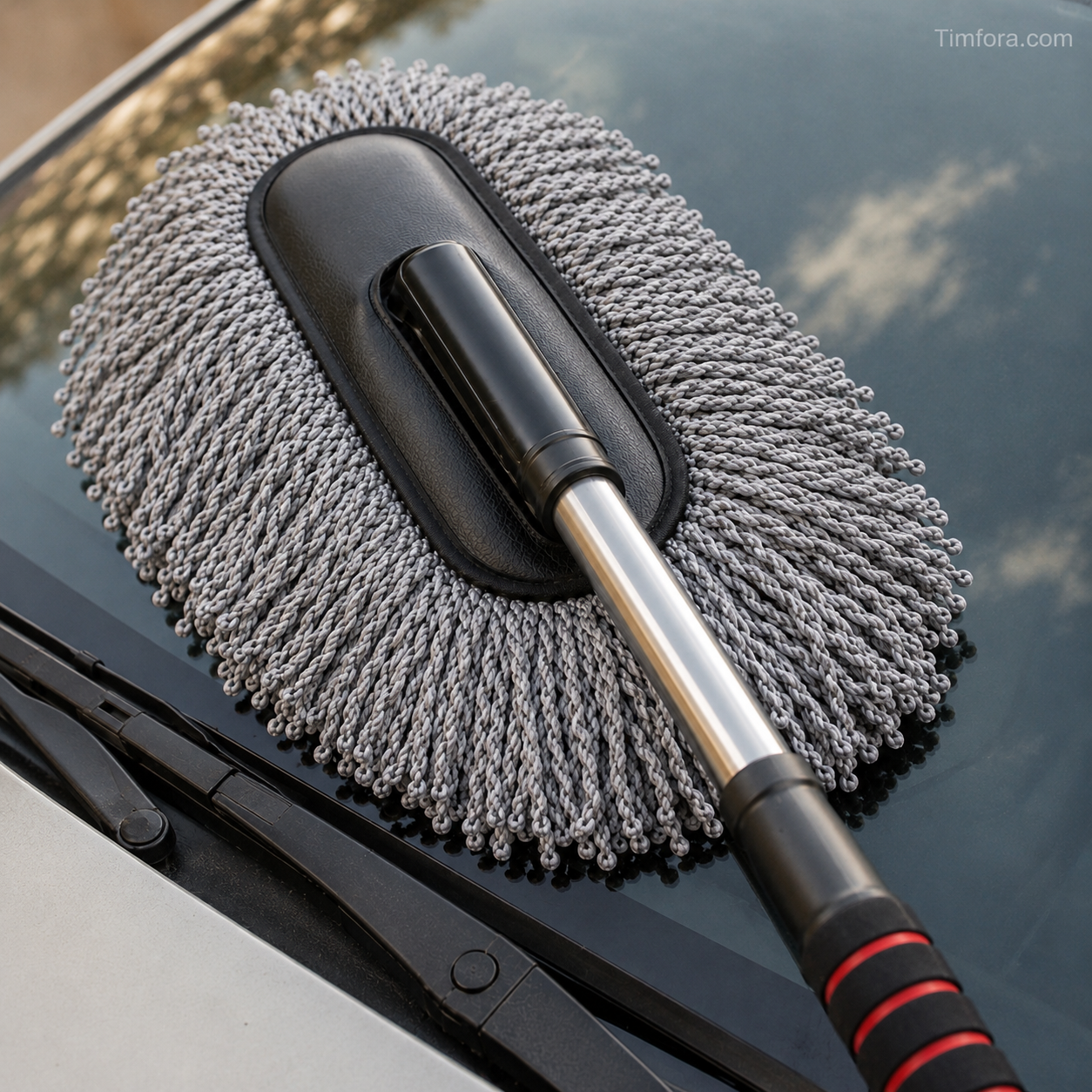 Microfiber car duster wiping dust off a car side mirror