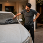 Microfiber car duster folded and extended side by side