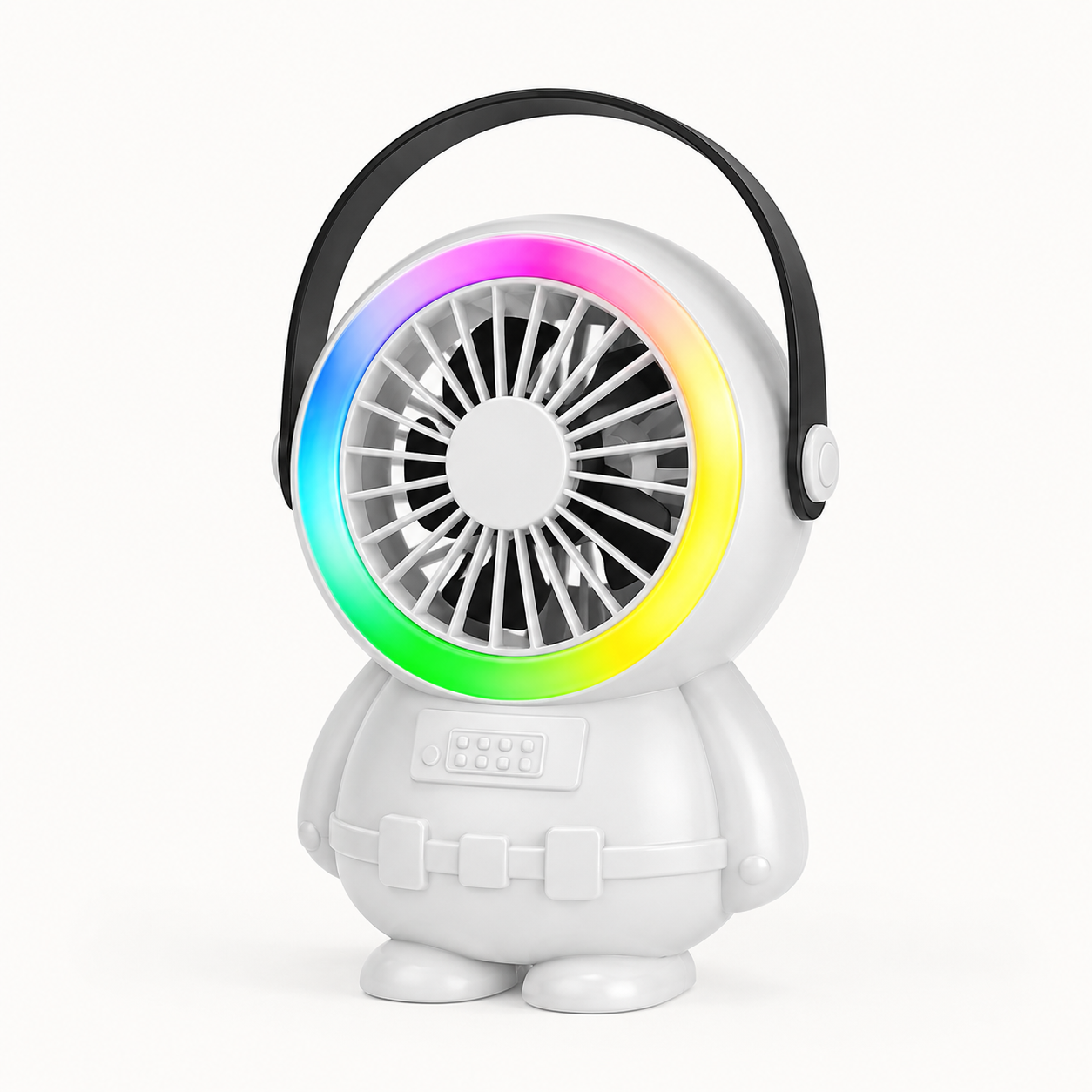 Rechargeable mini fan with astronaut design and RGB light ring