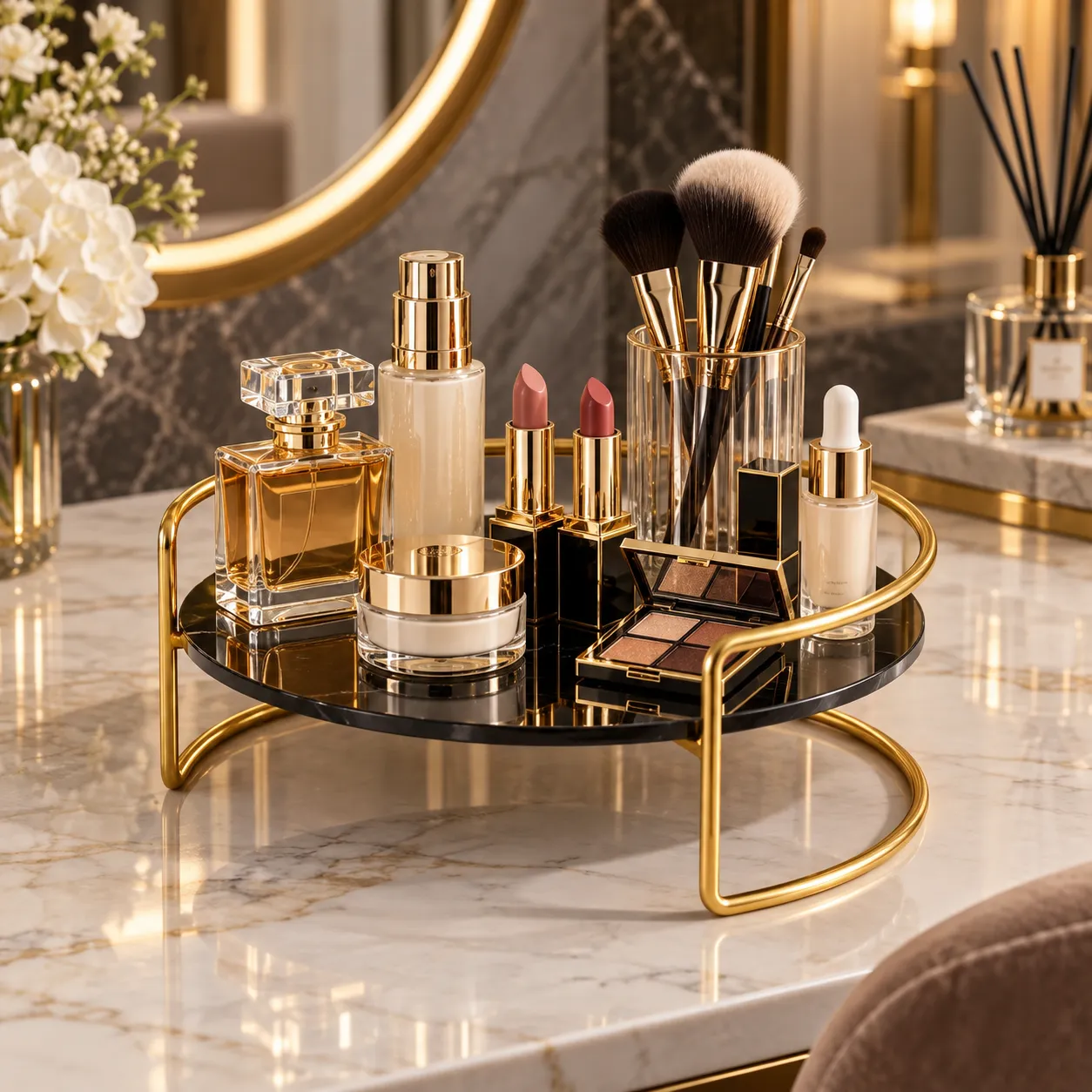 Golden cosmetic storage tray with makeup brushes and perfume bottles on a vanity