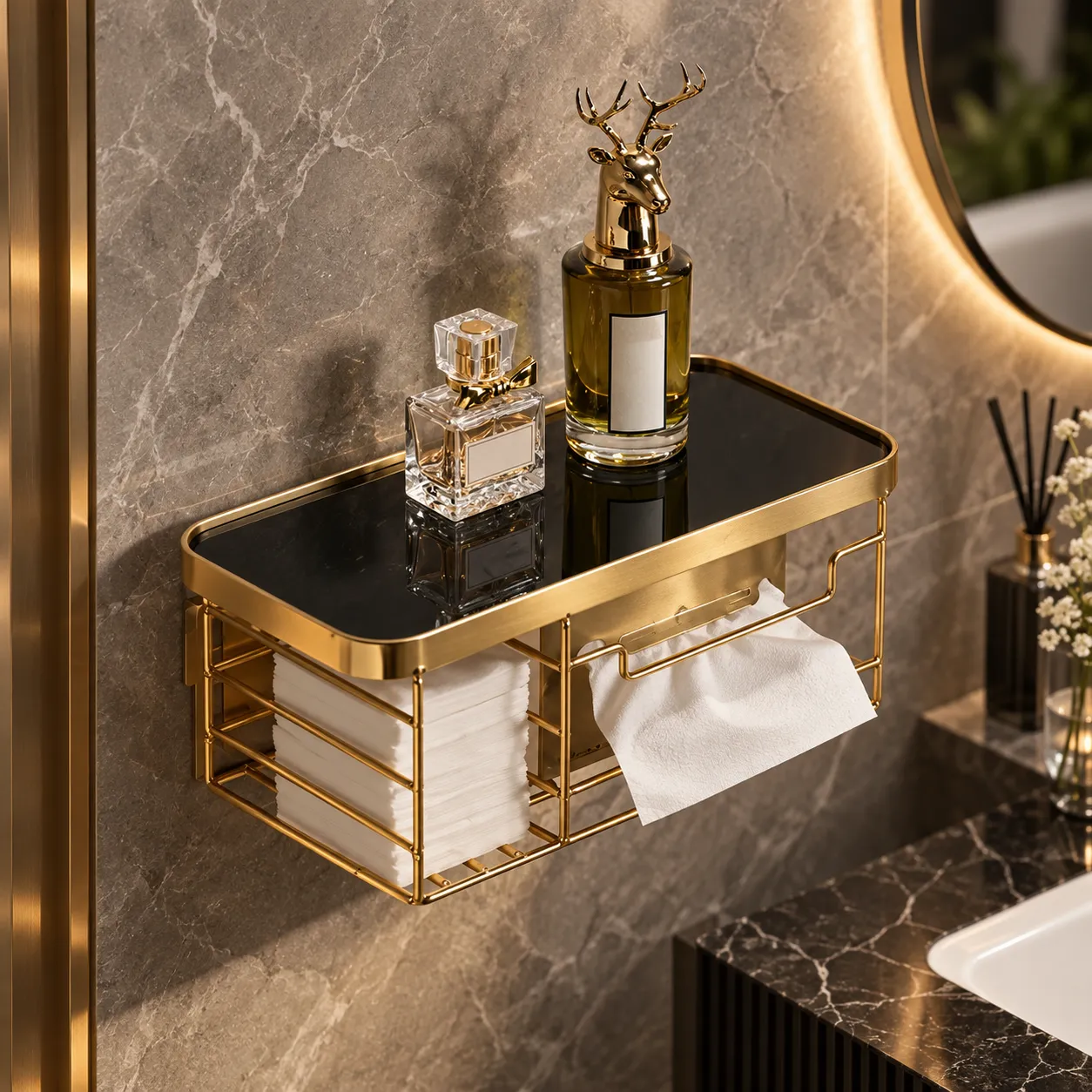 Golden wall mounted vanity shelf and tissue box holder beneath an arched mirror