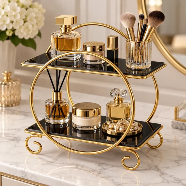 Golden 2 tier round makeup organizer with candle and perfume bottles in a styled vanity setting