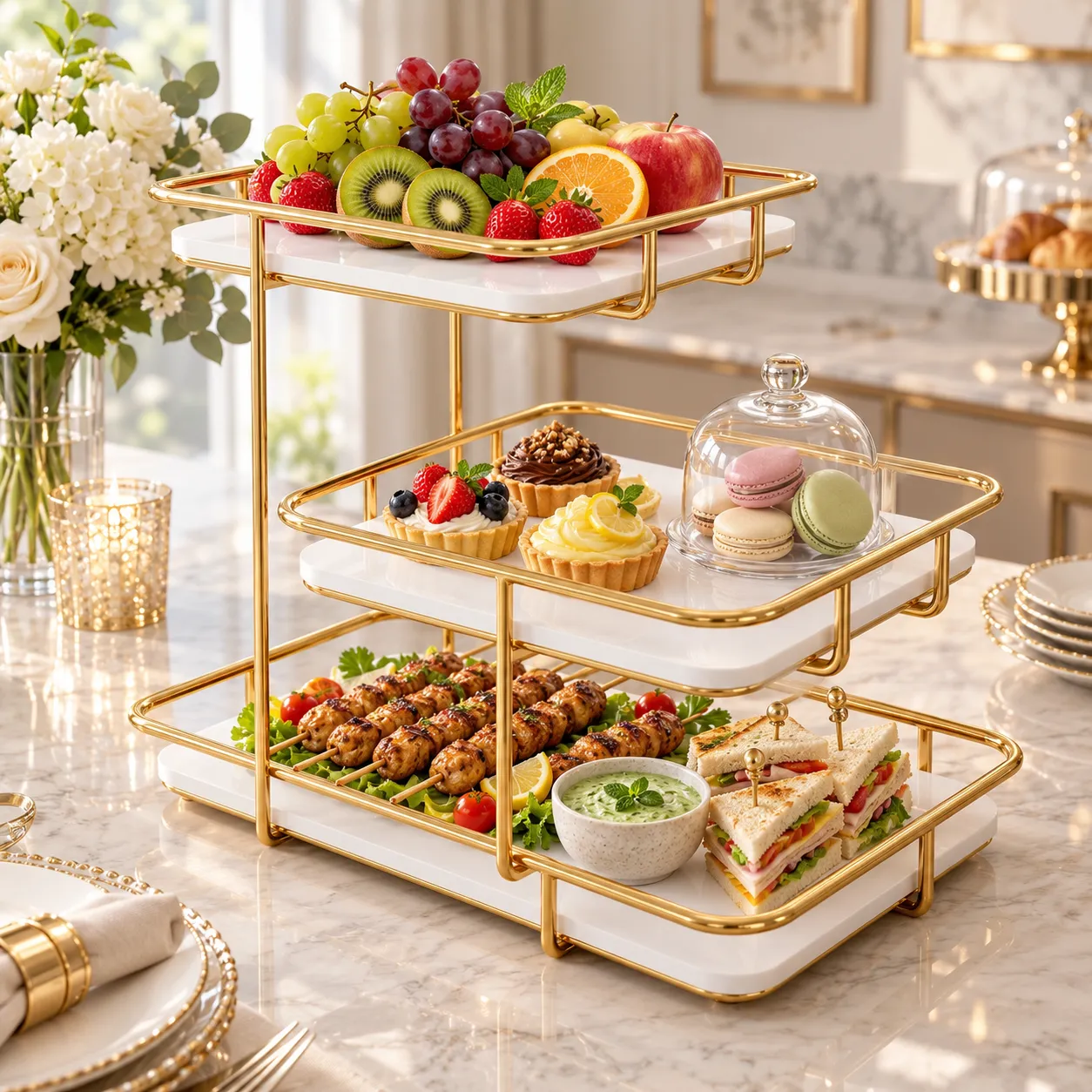 Golden 3 tier serving stand displaying fresh fruits and buffet items