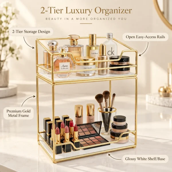 Infographic showing features of the 2 tier luxury golden makeup and perfume organizer