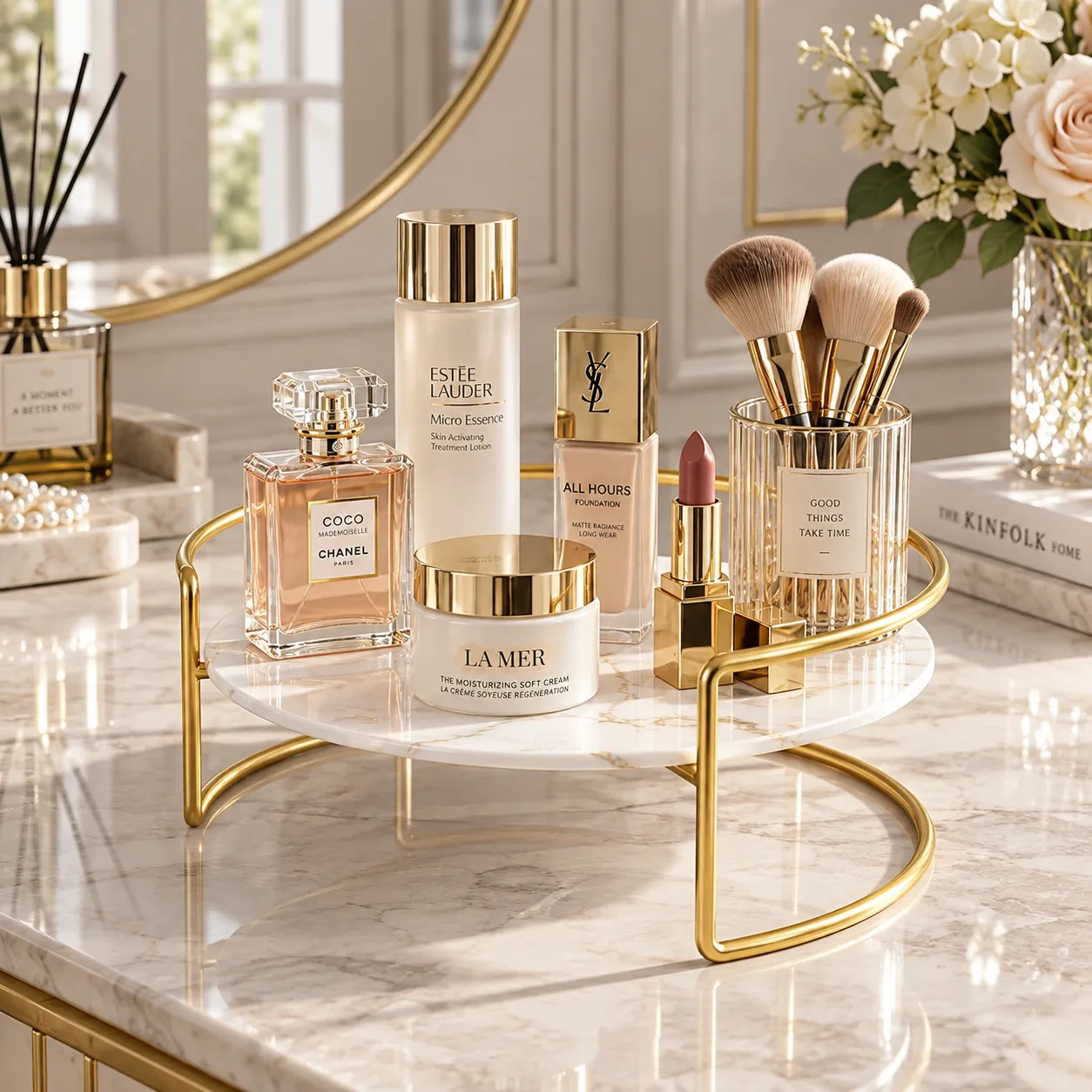 Close up of golden makeup and perfume organizer tray with cosmetic bottles