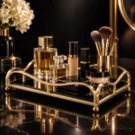 Gold mirror finish vanity tray styled with lipsticks and makeup brushes against dark background