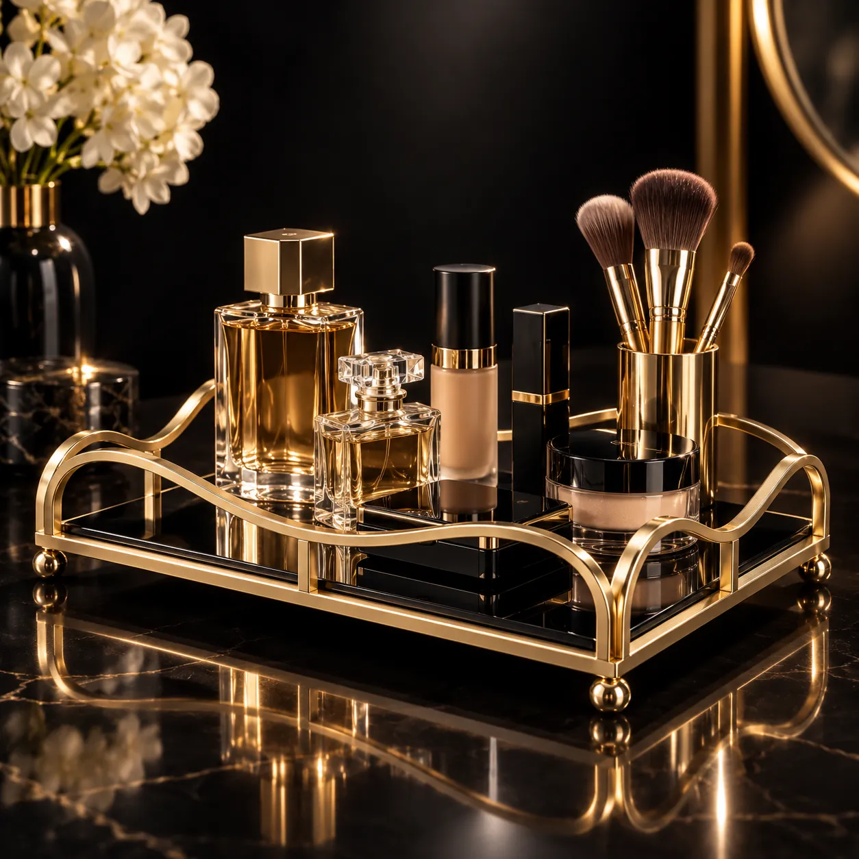 Gold mirror finish vanity tray styled with lipsticks and makeup brushes against dark background