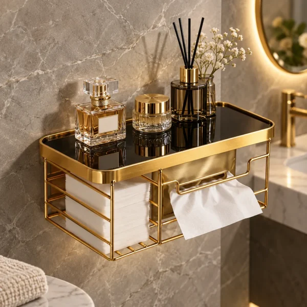 Close up of wall mounted golden vanity shelf with tissue box holder and bottles