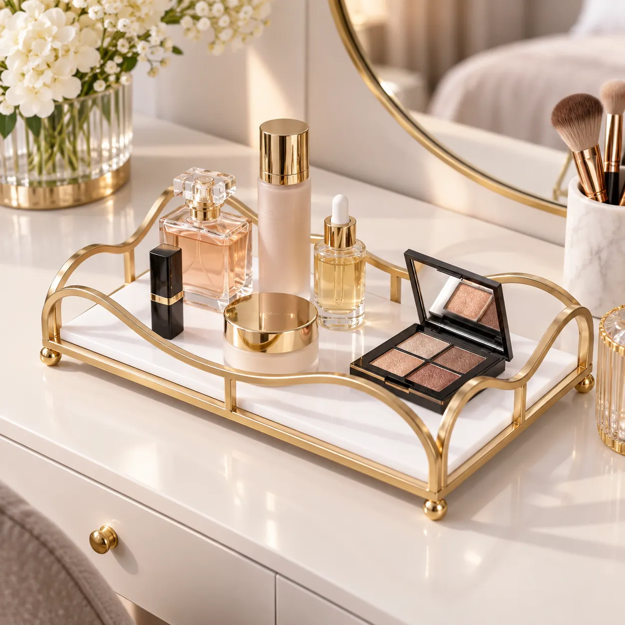 Gold mirror finish vanity tray with perfume bottles and florals on a bright vanity