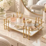 Golden multipurpose vanity display rack styled with florals on a bright vanity table