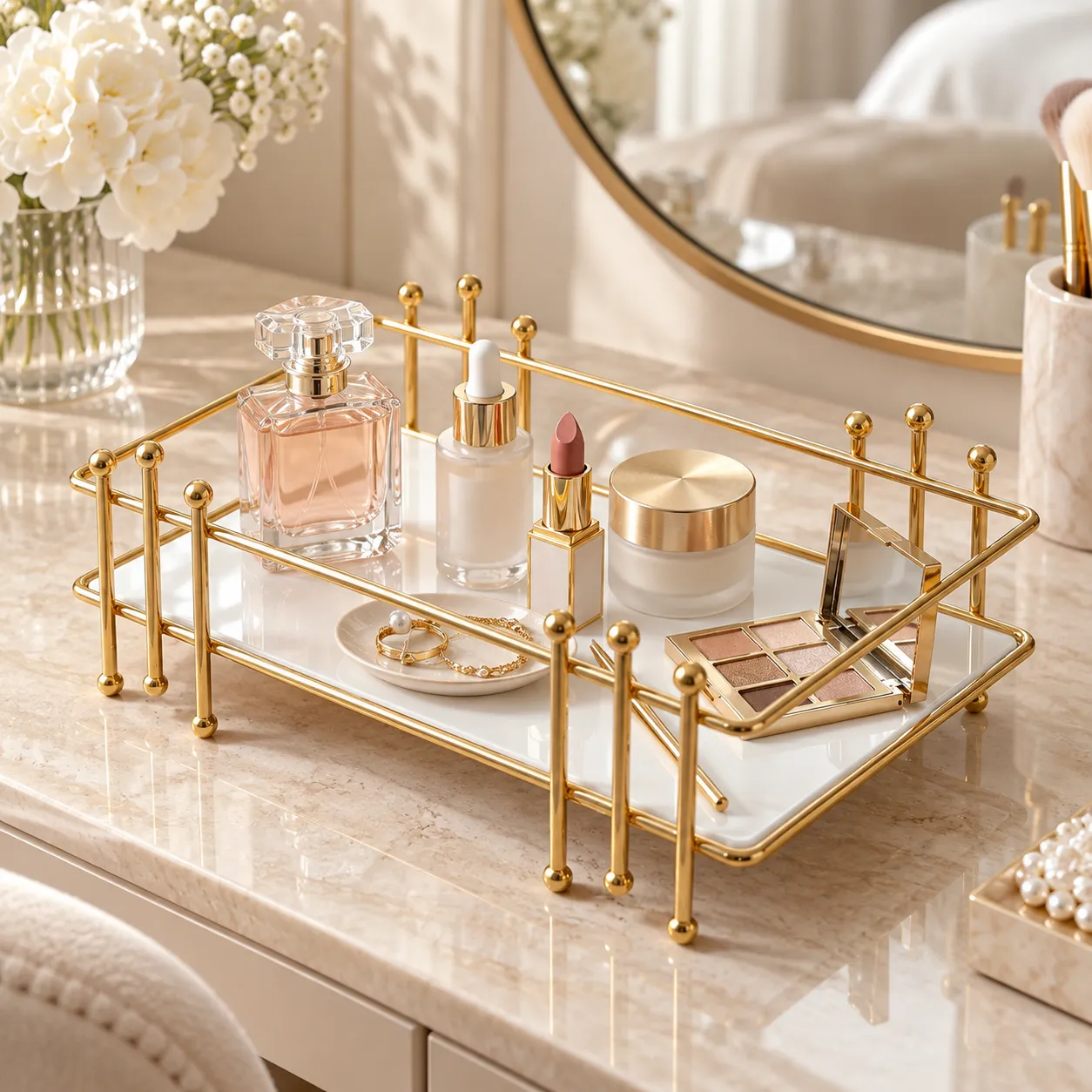 Golden multipurpose vanity display rack styled with florals on a bright vanity table