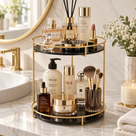 Golden round cosmetic organizer tray holding diffuser and perfume bottles