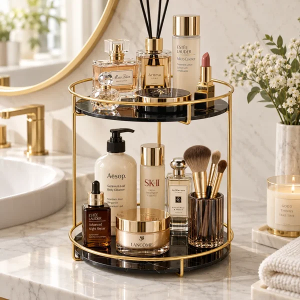 Golden round cosmetic organizer tray holding diffuser and perfume bottles