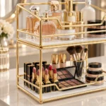 Golden 2 tier makeup organizer on a vanity table holding cosmetics and perfume bottles