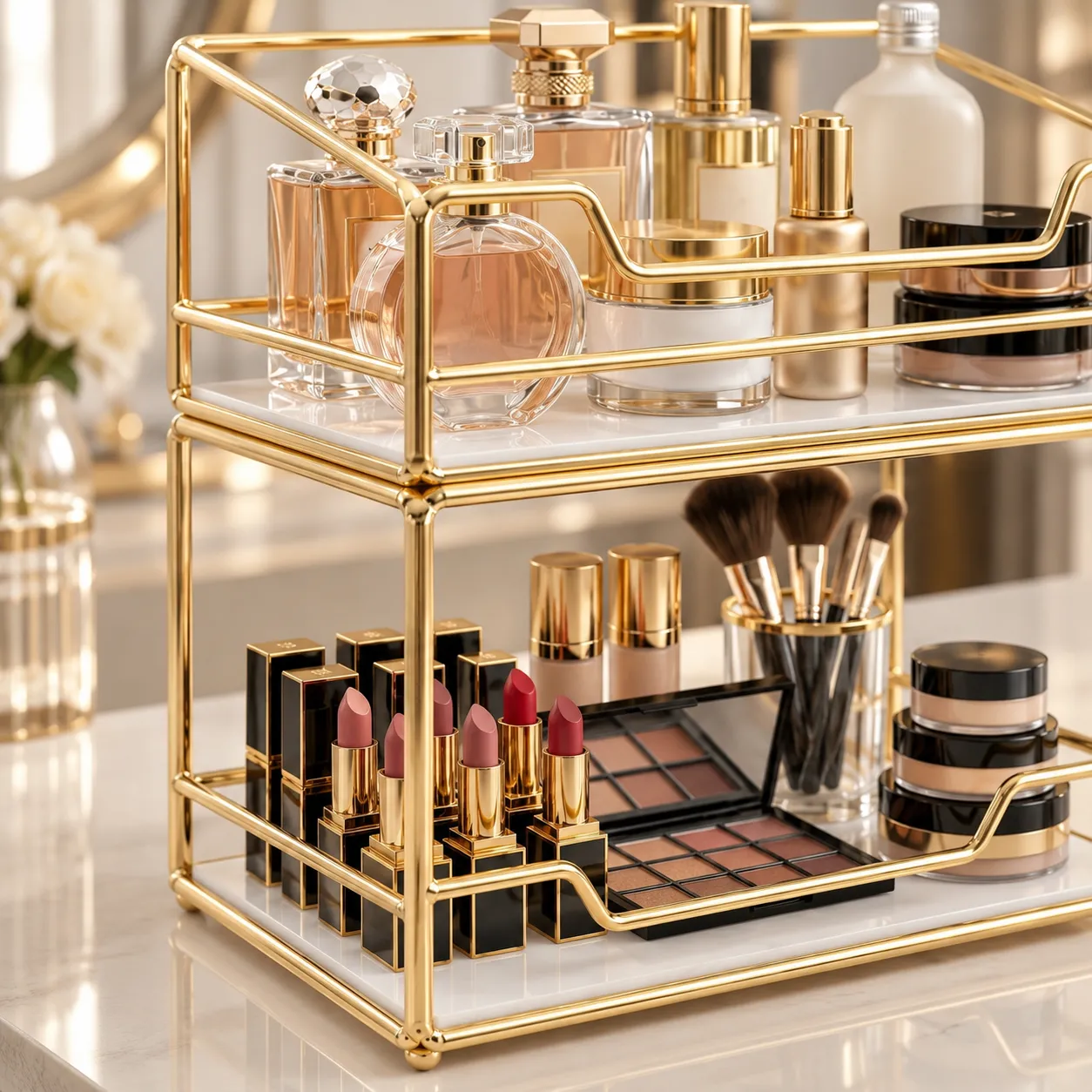 Golden 2 tier makeup organizer on a vanity table holding cosmetics and perfume bottles
