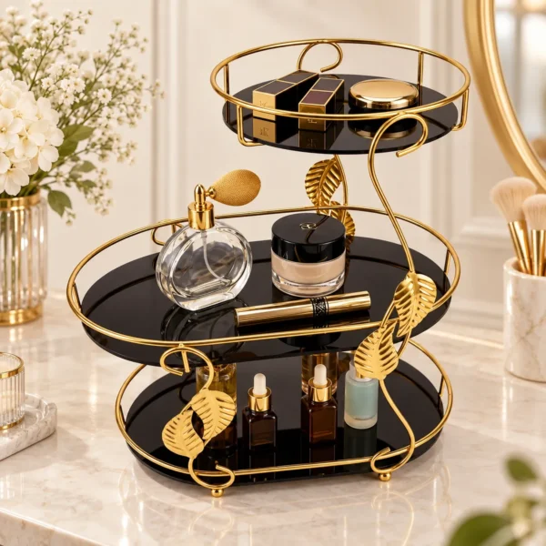3 tier round black and gold makeup organizer holding cosmetics, jewelry and perfume