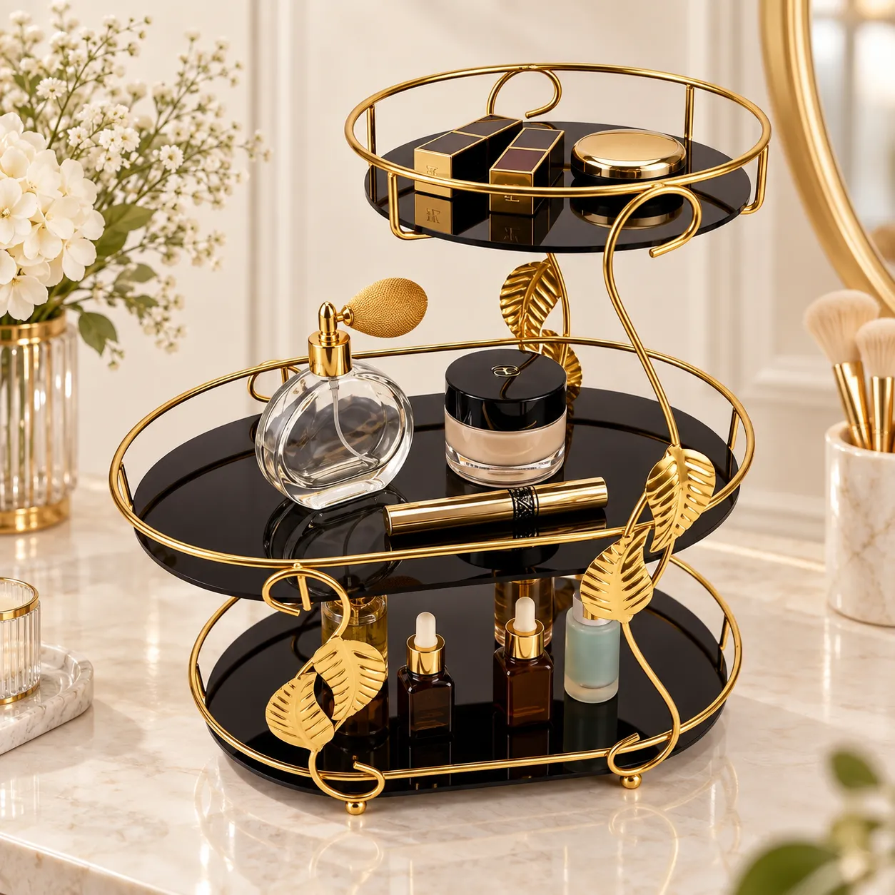 3 tier round black and gold makeup organizer holding cosmetics, jewelry and perfume