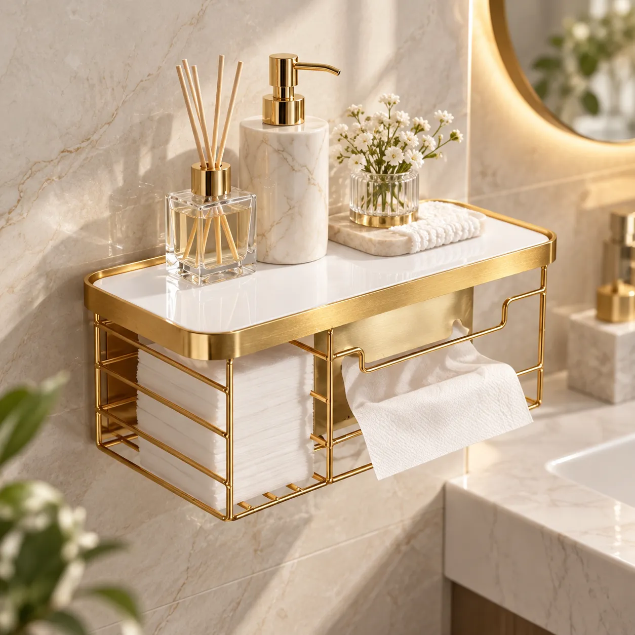 Wall mounted golden vanity shelf with tissue box holder on a marble countertop