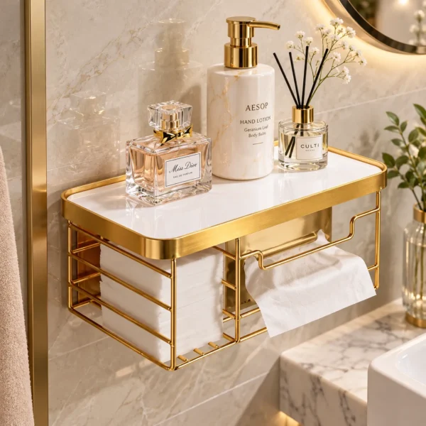 Wall mounted golden vanity shelf styled with reed diffuser and tissue box holder