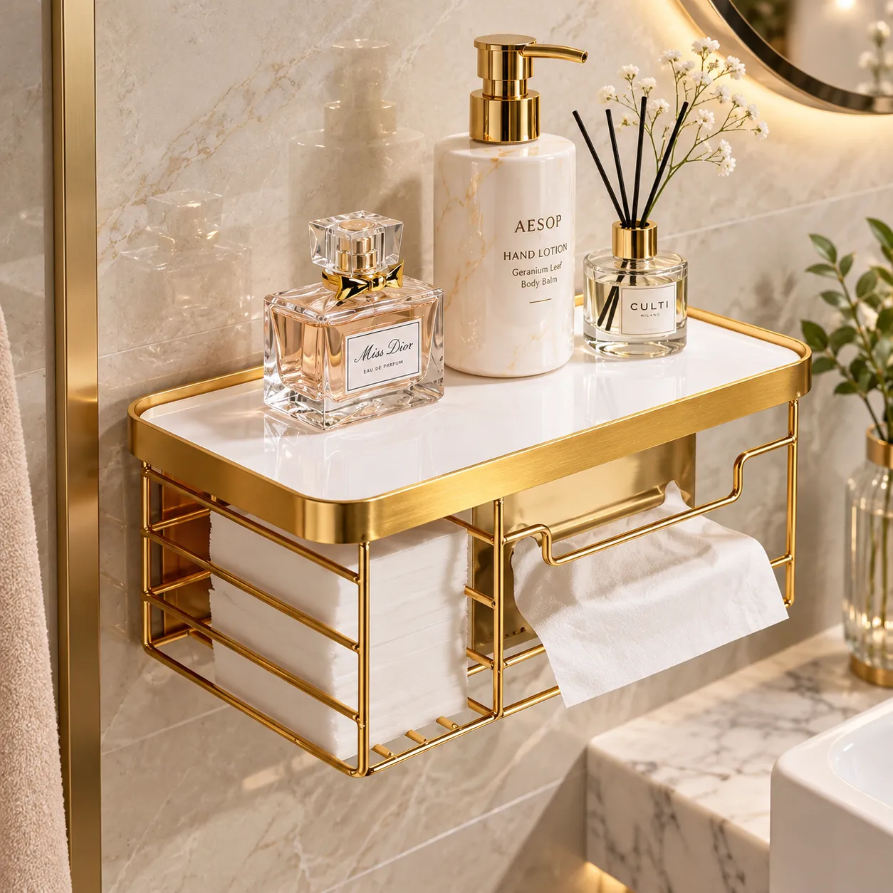 Wall mounted golden vanity shelf styled with reed diffuser and tissue box holder