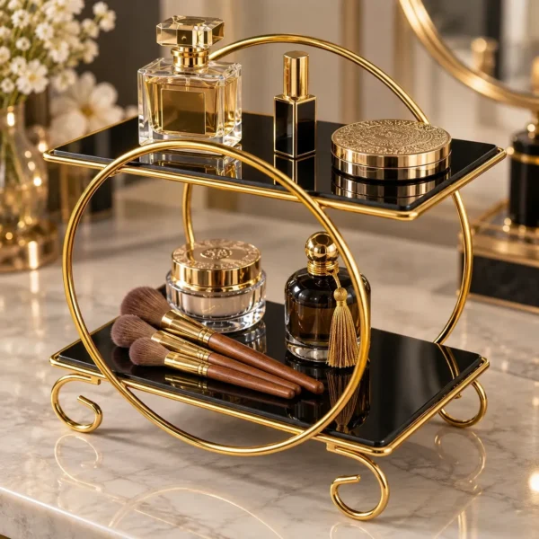 Detail view of golden 2 tier makeup and perfume organizer with cosmetic bottles