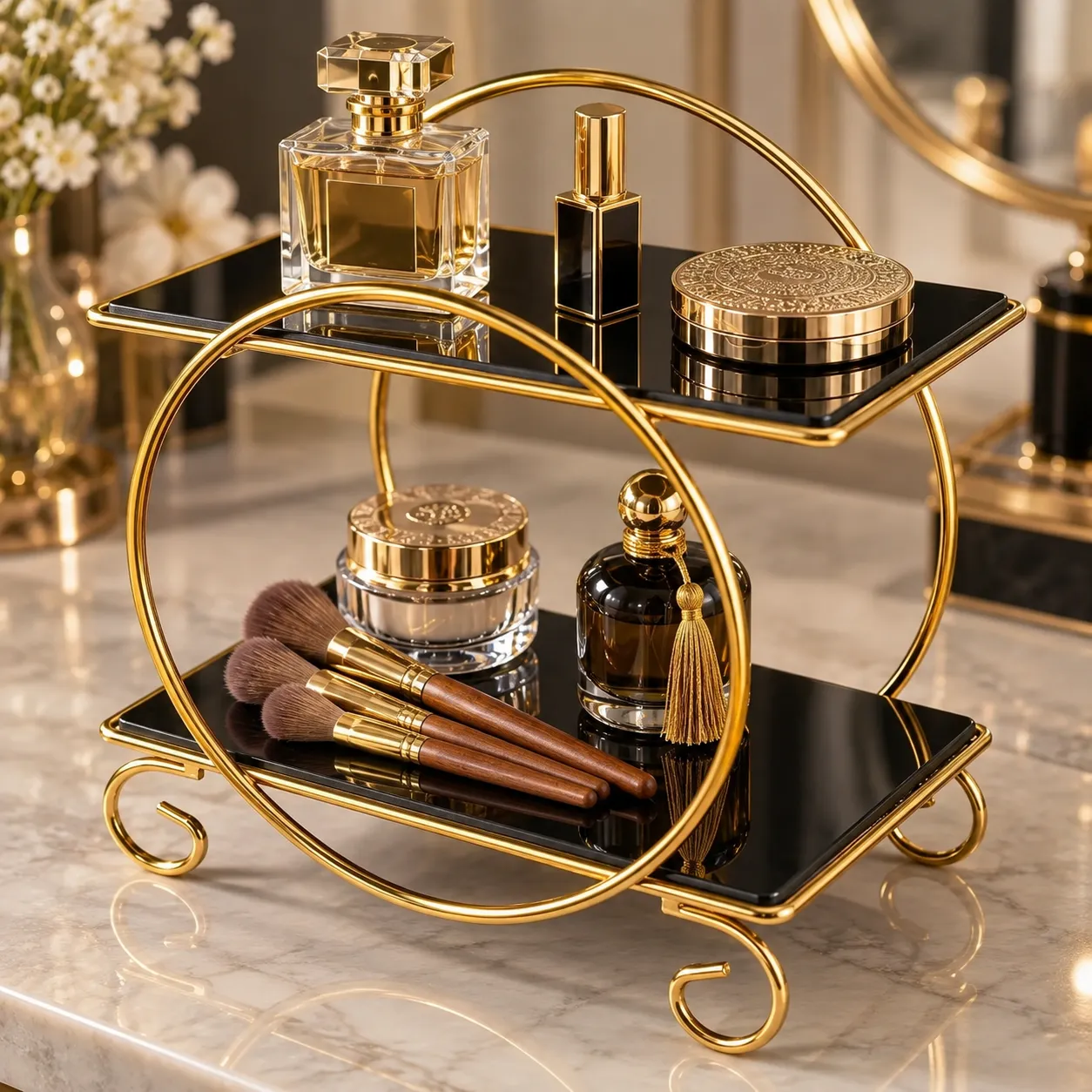 Detail view of golden 2 tier makeup and perfume organizer with cosmetic bottles