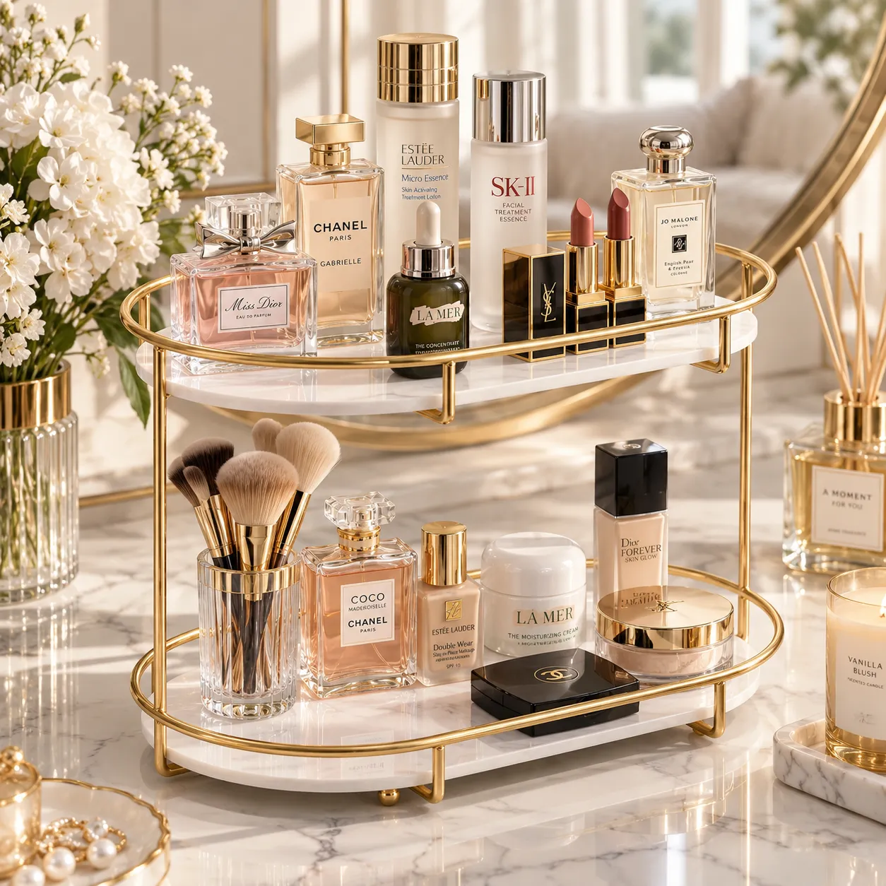 Golden 2 tier vanity storage rack with perfume bottles in bright styled setting