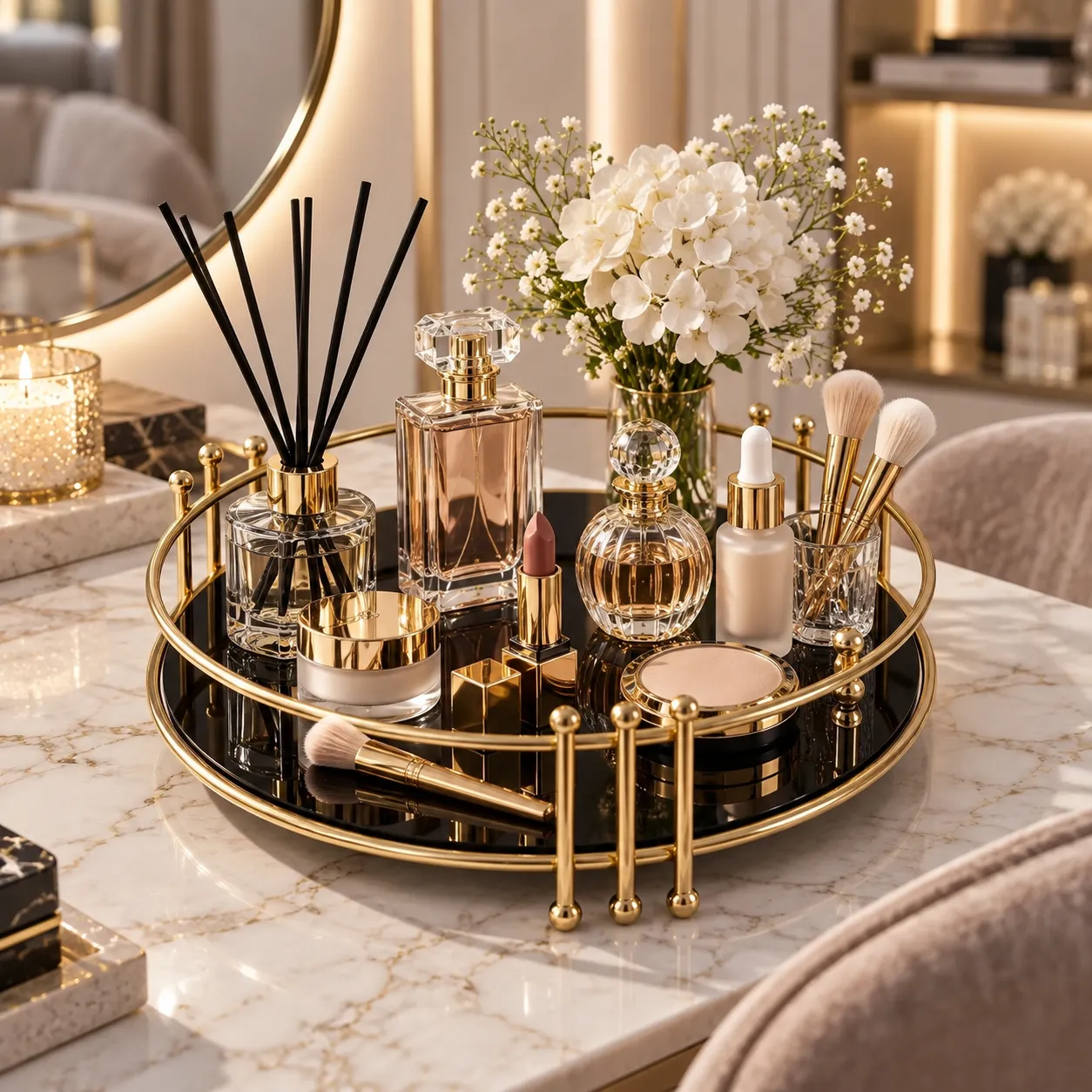 Round gold vanity tray with perfume bottles styled in a bright white room
