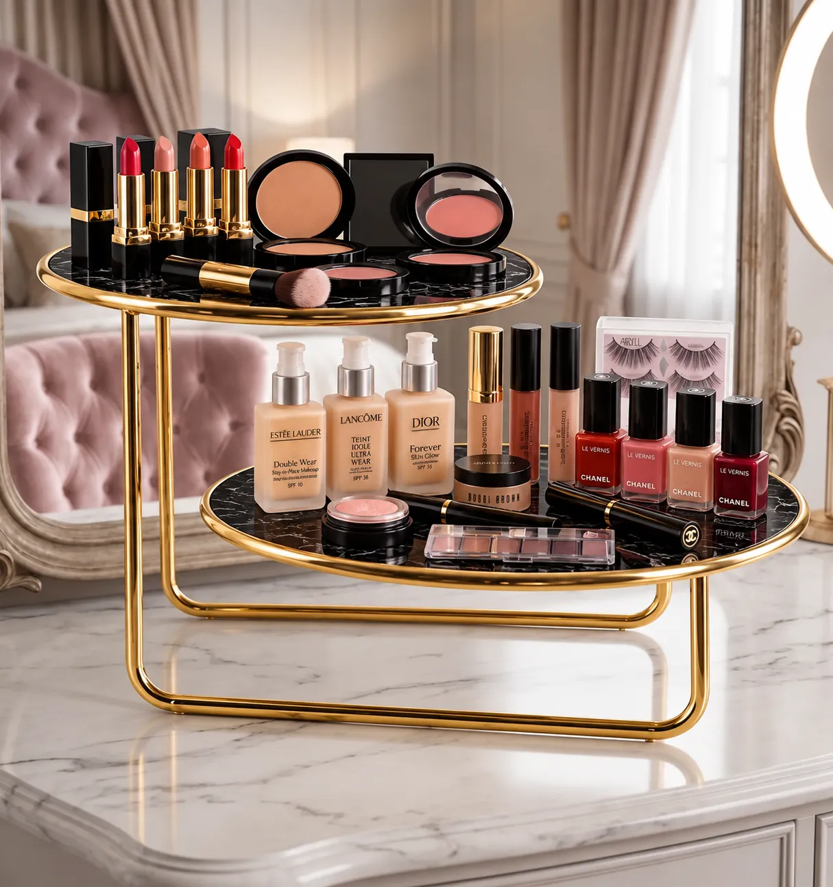 Top view of offset golden 2 tier vanity storage rack with makeup and cosmetics