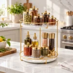 Golden round cosmetic storage tray styled with candles and perfume bottles