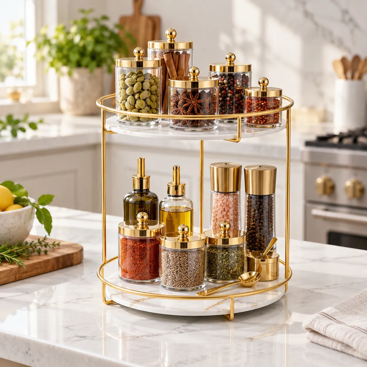 Golden round cosmetic storage tray styled with candles and perfume bottles
