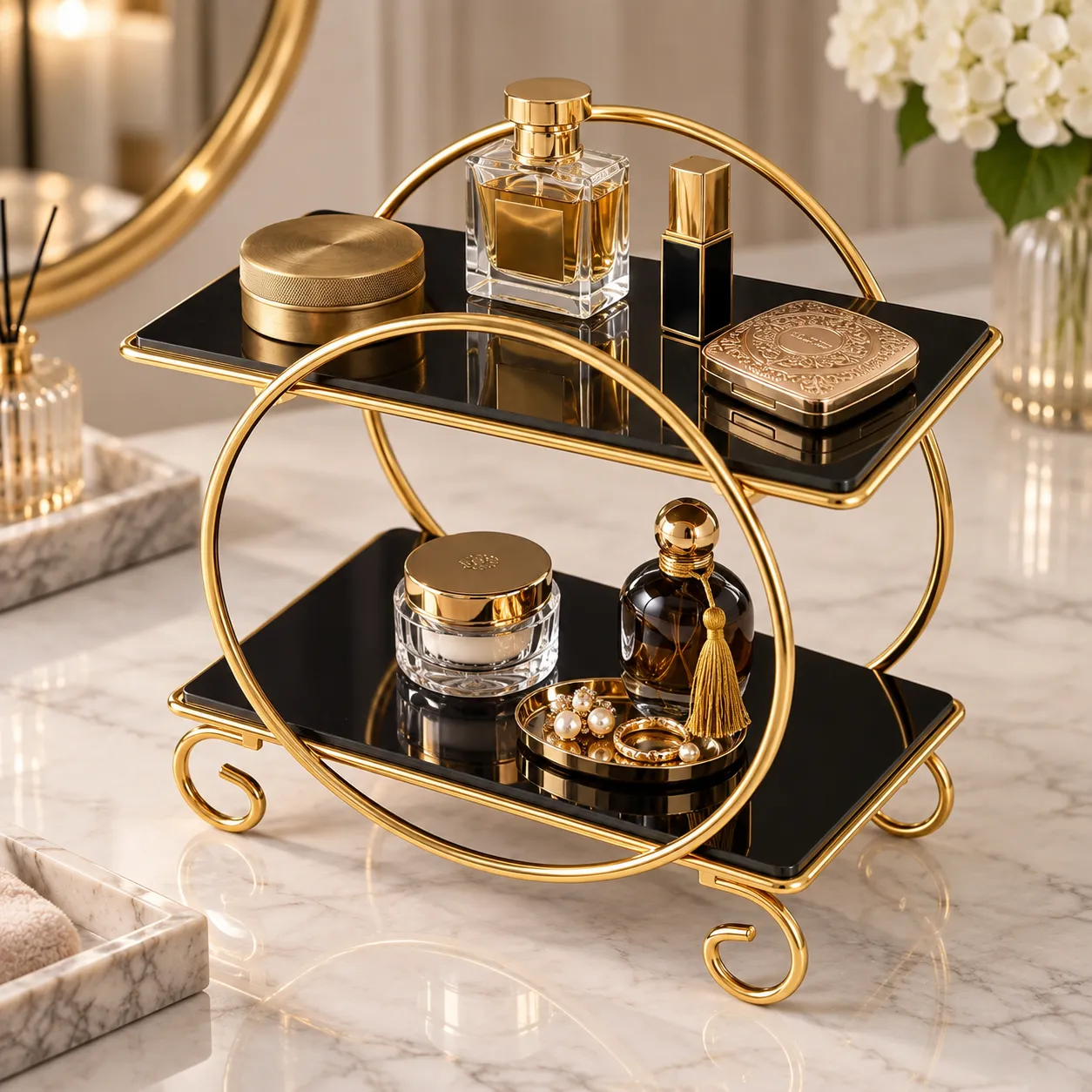 Offset golden 2 tier vanity storage rack holding perfume bottles and cosmetic jars