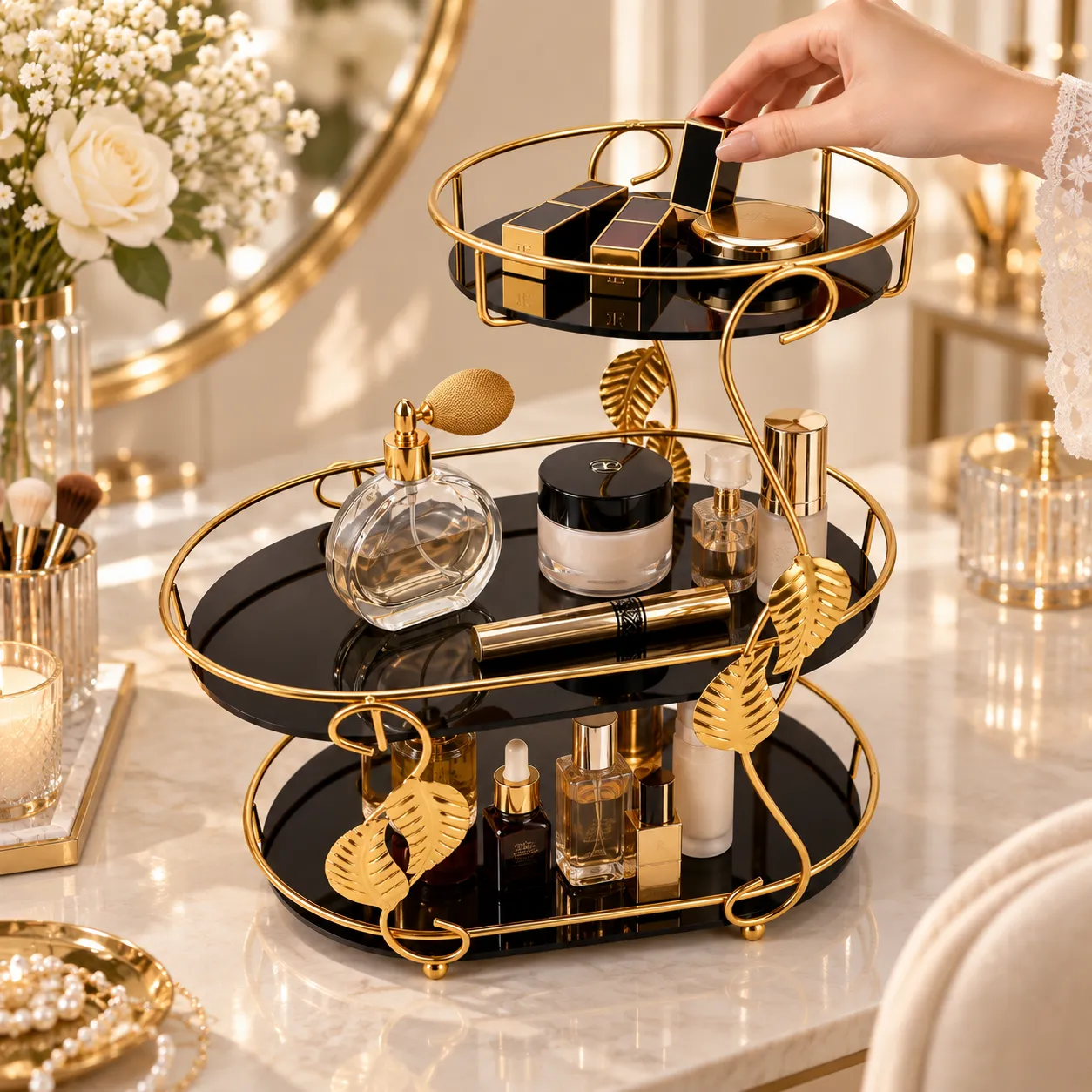 3 Tier Makeup Organizer – Gold Leaf Cosmetic Storage Rack