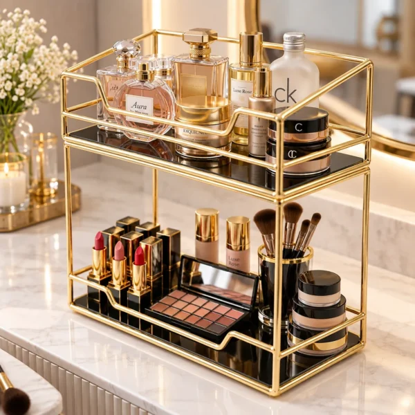 Golden 2 tier makeup organizer holding cosmetics and perfume bottles on a vanity