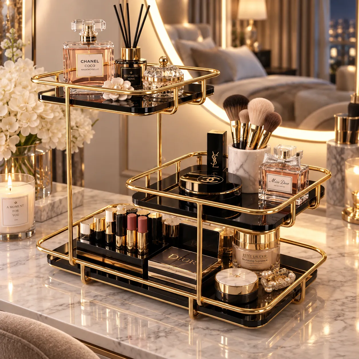 Golden 3 tier serving stand used as bathroom storage display rack